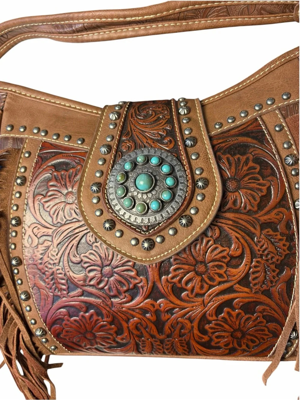 Trinity Ranch Tooled Leather Brown Purse Turquoise Stones Fringe Zippered Pocket